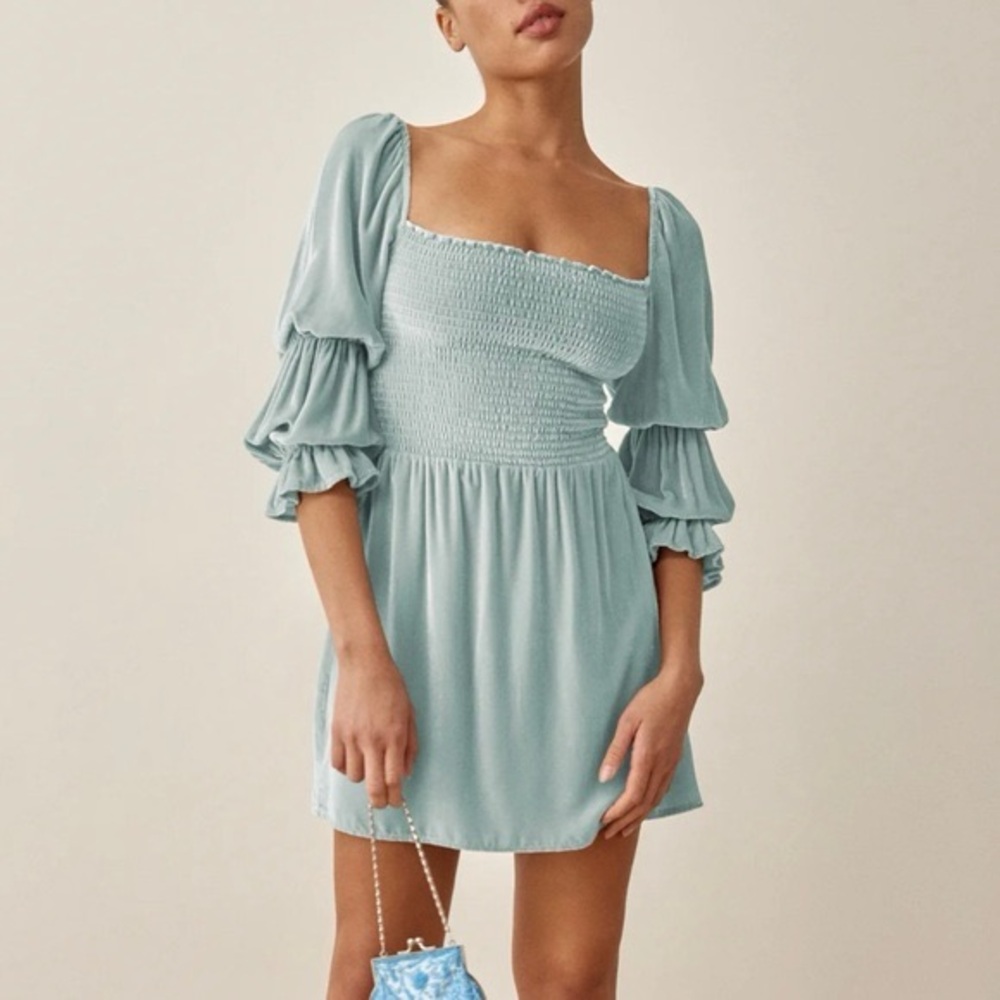 Reformation Light Blue Smocked Mini Dress